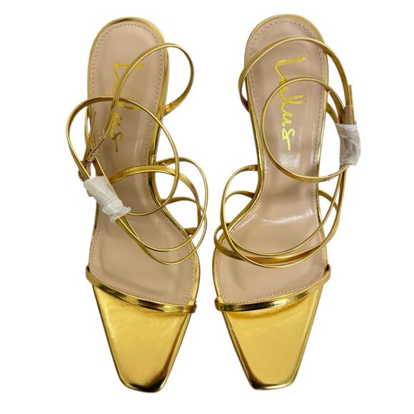 Lulus Sanga Gold Metallic Strappy Stiletto Heel Sandals NEW Size 7.5 - Picture 2 of 10